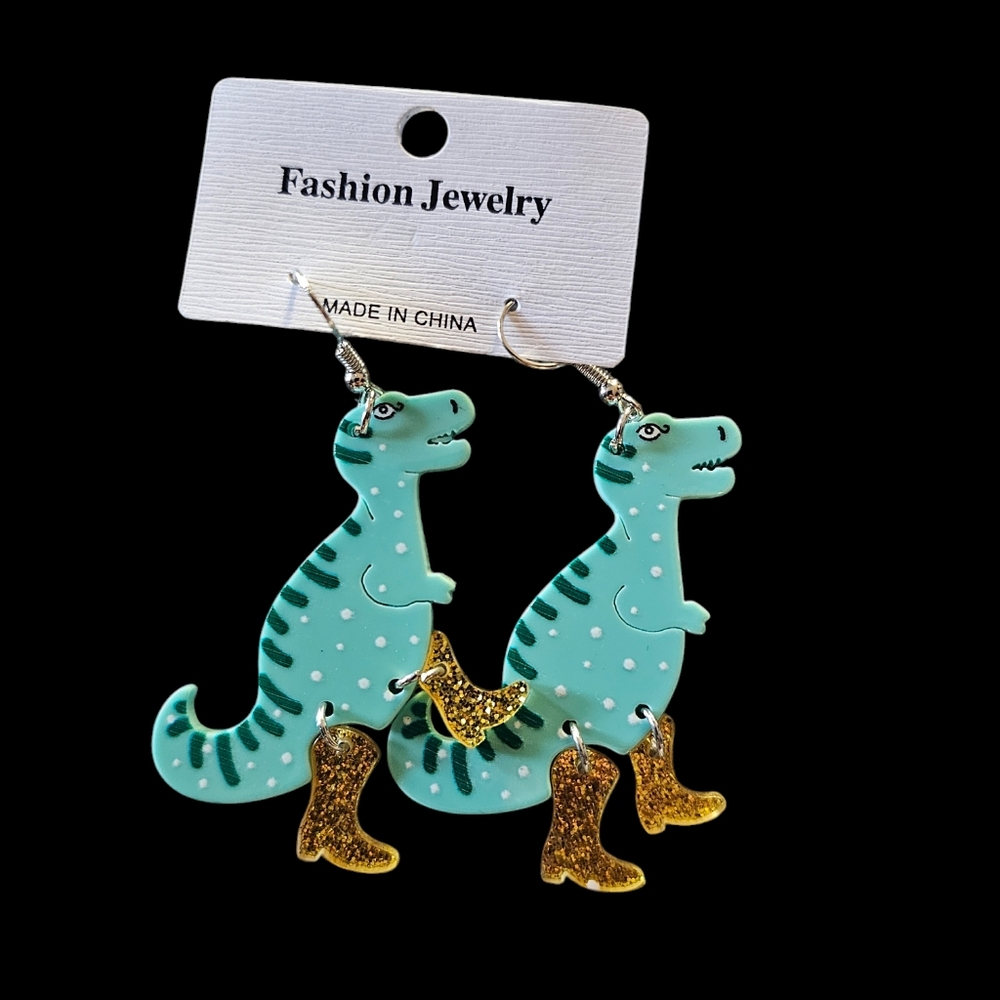 Dinosaur wearing golden Cowboy boots,  Dangle Earrings, drop acrylic, t-rex